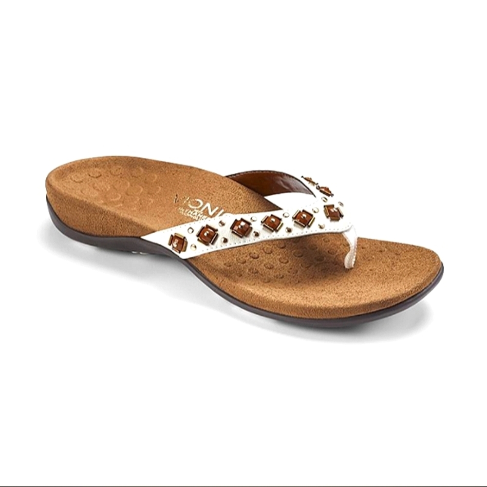 🩴 Vionic Floriana white brown beaded toe post flip flop thong sandals size 9 40